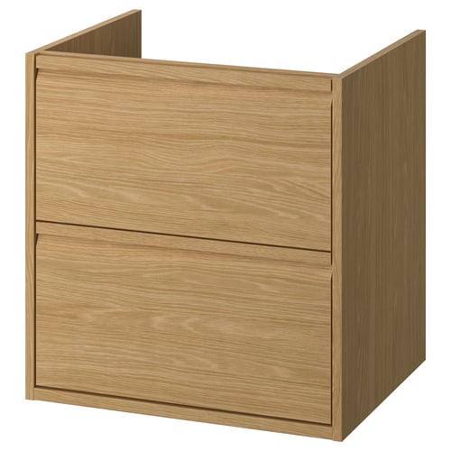 Light brown wooden bathroom cabinet with two drawers. Modern, minimalist style.