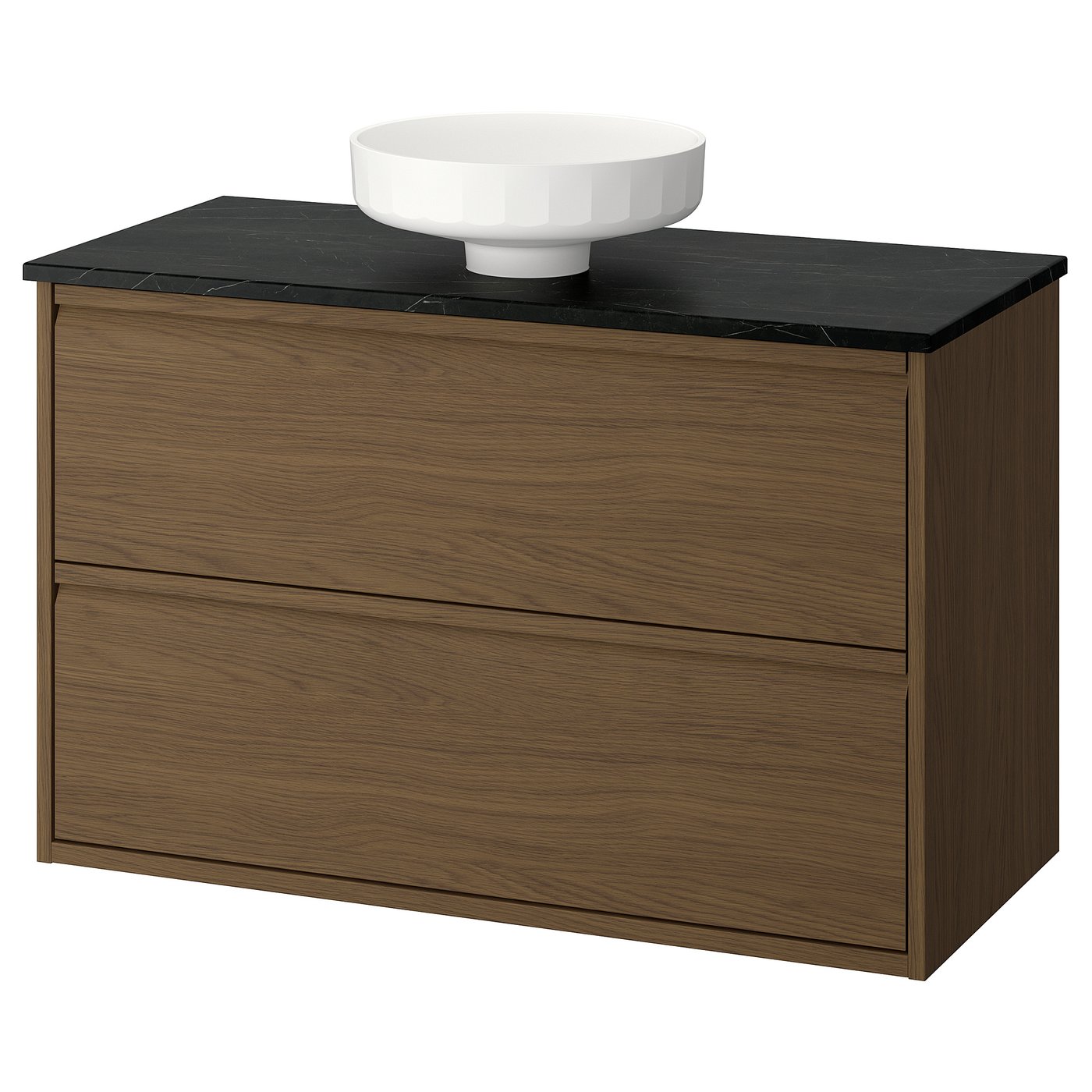 Modern bathroom vanity, ÄNGSJÖN, with two drawers, black countertop, round white basin, oak finish.