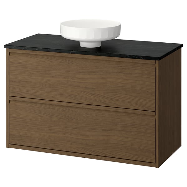 Modern bathroom vanity, ÄNGSJÖN, with two drawers, black countertop, round white basin, oak finish.