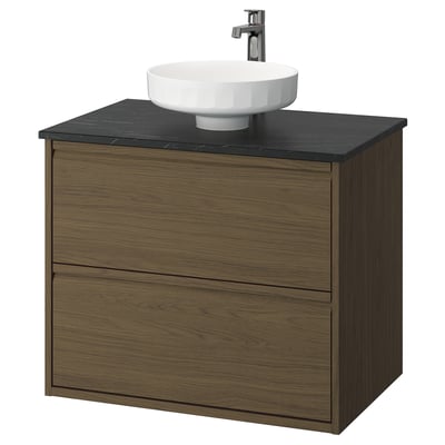 ÄNGSJÖN / LERSJÖN Bathroom vanity with sink & faucet, brown oak effect/black marble effect, 31x21 1/2x31 3/8 "