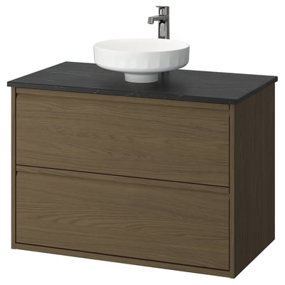 ÄNGSJÖN / LERSJÖN Bathroom vanity with sink & faucet, brown oak effect/black marble effect, 37x21 1/2x31 3/8 "