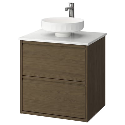 ÄNGSJÖN / LERSJÖN Bathroom vanity with sink & faucet, brown oak effect/white marble effect, 25x21 1/2x31 3/8 "