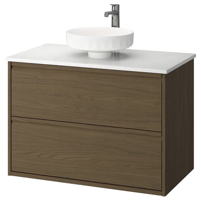 ÄNGSJÖN / LERSJÖN Bathroom vanity with sink & faucet, brown oak effect/white marble effect, 37x21 1/2x31 3/8 "
