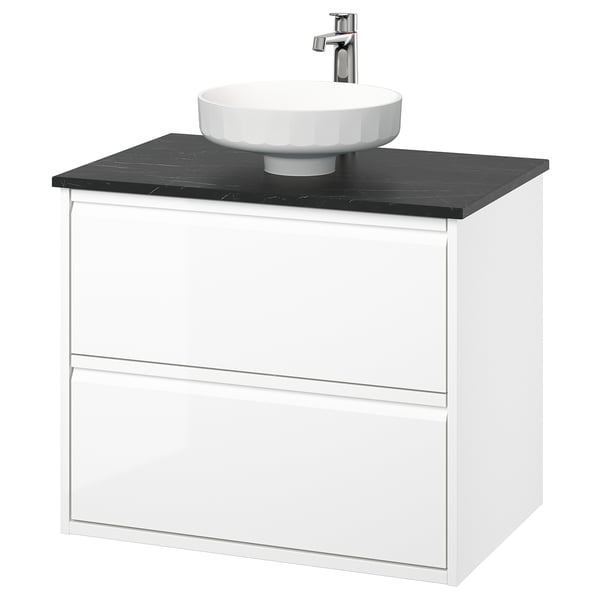 ÄNGSJÖN / LERSJÖN Bathroom vanity with sink & faucet, high gloss white/black marble effect, 31x21 1/2x31 3/8 "