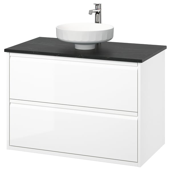 ÄNGSJÖN / LERSJÖN Bathroom vanity with sink & faucet, high gloss white/black marble effect, 37x21 1/2x31 3/8 "