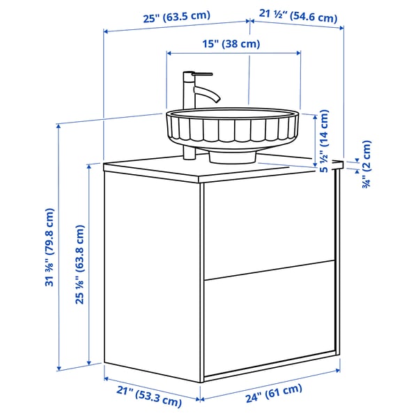 ÄNGSJÖN / LERSJÖN Bathroom vanity with sink & faucet, high gloss white/black marble effect, 25x21 1/2x31 3/8 "
