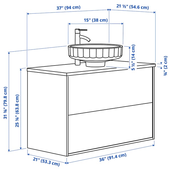 ÄNGSJÖN / LERSJÖN Bathroom vanity with sink & faucet, high gloss white/black marble effect, 37x21 1/2x31 3/8 "