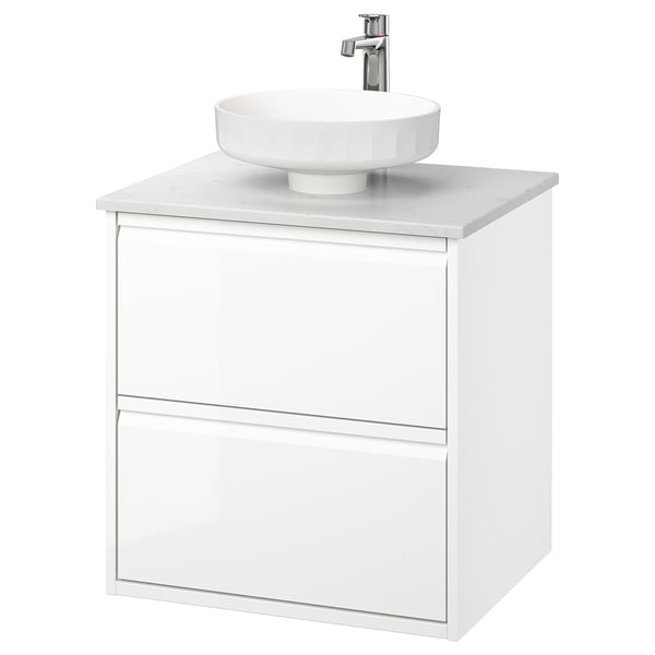 ÄNGSJÖN / LERSJÖN Bathroom vanity with sink & faucet, high gloss white/white marble effect, 25x21 1/2x31 3/8 "