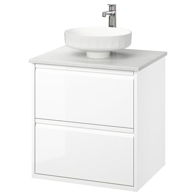 ÄNGSJÖN / LERSJÖN Bathroom vanity with sink & faucet, high gloss white/white marble effect, 25x21 1/2x31 3/8 "