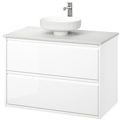 ÄNGSJÖN / LERSJÖN Bathroom vanity with sink & faucet, high gloss white/white marble effect, 37x21 1/2x31 3/8 "