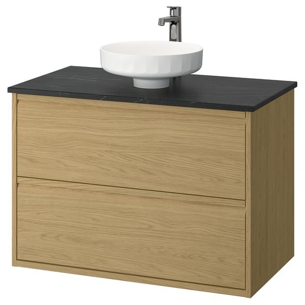 ÄNGSJÖN / LERSJÖN Bathroom vanity with sink & faucet, oak effect/black marble effect, 37x21 1/2x31 3/8 "