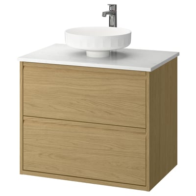 ÄNGSJÖN / LERSJÖN Bathroom vanity with sink & faucet, oak effect/white marble effect, 31x21 1/2x31 3/8 "