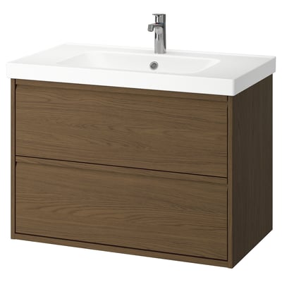 ÄNGSJÖN / ORRSJÖN Bathroom vanity with sink & faucet, brown oak effect, 37x21 3/4x27 5/8 "