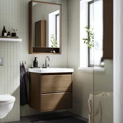 ÄNGSJÖN / ORRSJÖN Bathroom vanity with sink & faucet, brown oak effect, 25x21 3/4x27 5/8 "