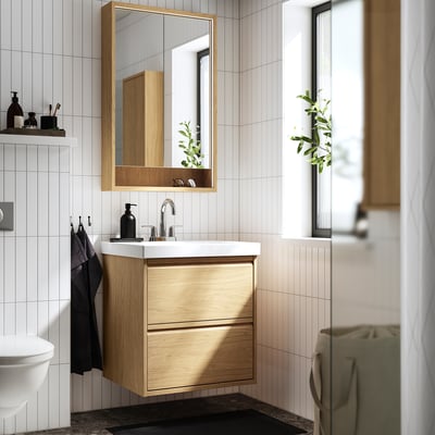 ÄNGSJÖN / ORRSJÖN Bathroom vanity with sink & faucet, oak effect, 25x21 3/4x27 5/8 "