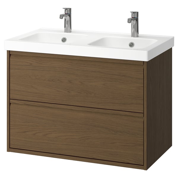 ÄNGSJÖN / ORRSJÖN Bathroom vanity with sink & faucets, brown oak effect, 37 1/8x21 3/4x27 5/8 "