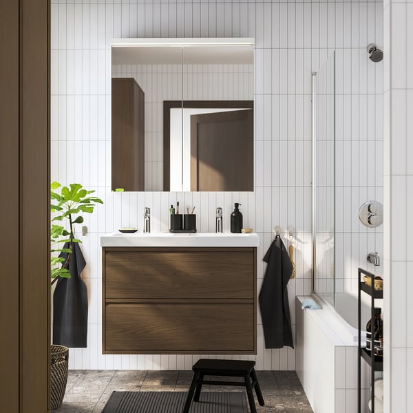 ÄNGSJÖN / ORRSJÖN Bathroom vanity with sink & faucets, brown oak effect, 37 1/8x21 3/4x27 5/8 "