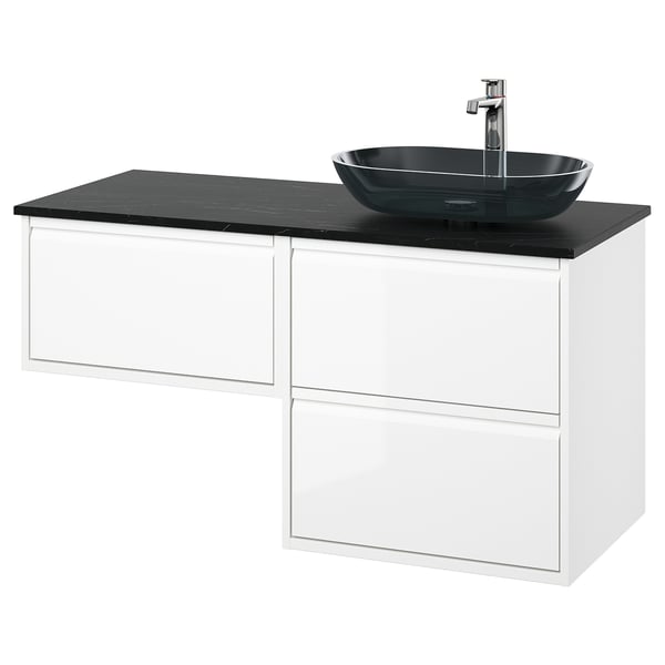 ÄNGSJÖN / OXMYREN Bathroom vanity with sink & faucet, high gloss white/black marble effect, 49x21 1/2x30 5/8 "