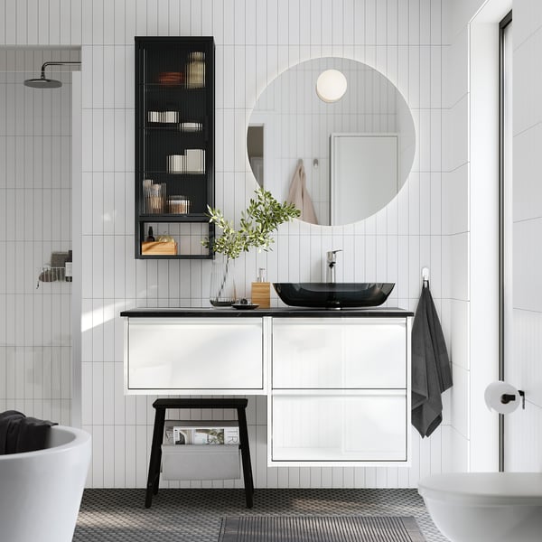 ÄNGSJÖN / OXMYREN Bathroom vanity with sink & faucet, high gloss white/black marble effect, 49x21 1/2x30 5/8 "