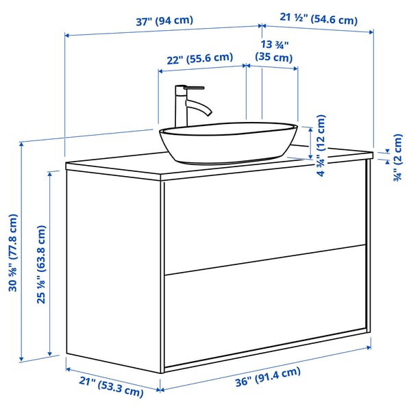 ÄNGSJÖN / OXMYREN Bathroom vanity with sink & faucet, high gloss white/black marble effect, 37x21 1/2x30 5/8 "
