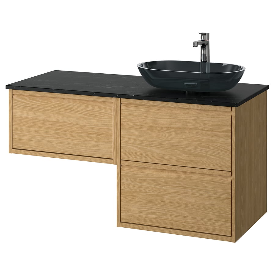 ÄNGSJÖN / OXMYREN Bathroom vanity with sink & faucet, oak effect/black marble effect, 49x211 ...