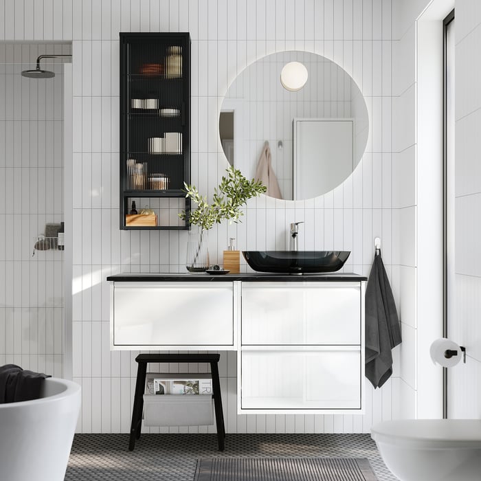 ÄNGSJÖN / OXMYREN Bathroom vanity wtih sink & faucet, high gloss white/black marble effect ...