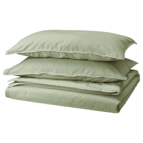 ÄNGSLILJA green bedding set: includes duvet and pillow covers, soft pre-washed cotton, earthy tone, simple design.