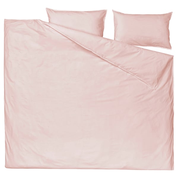 A pink cotton duvet cover set with a simple, soft design. It includes a duvet and two pillowcases.