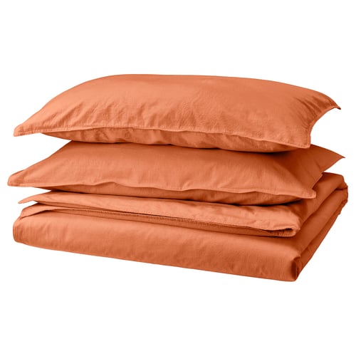 An ÄNGSLILJA duvet set in terracotta orange, made of 100% cotton, featuring a simple, soft, and earthy tone design.