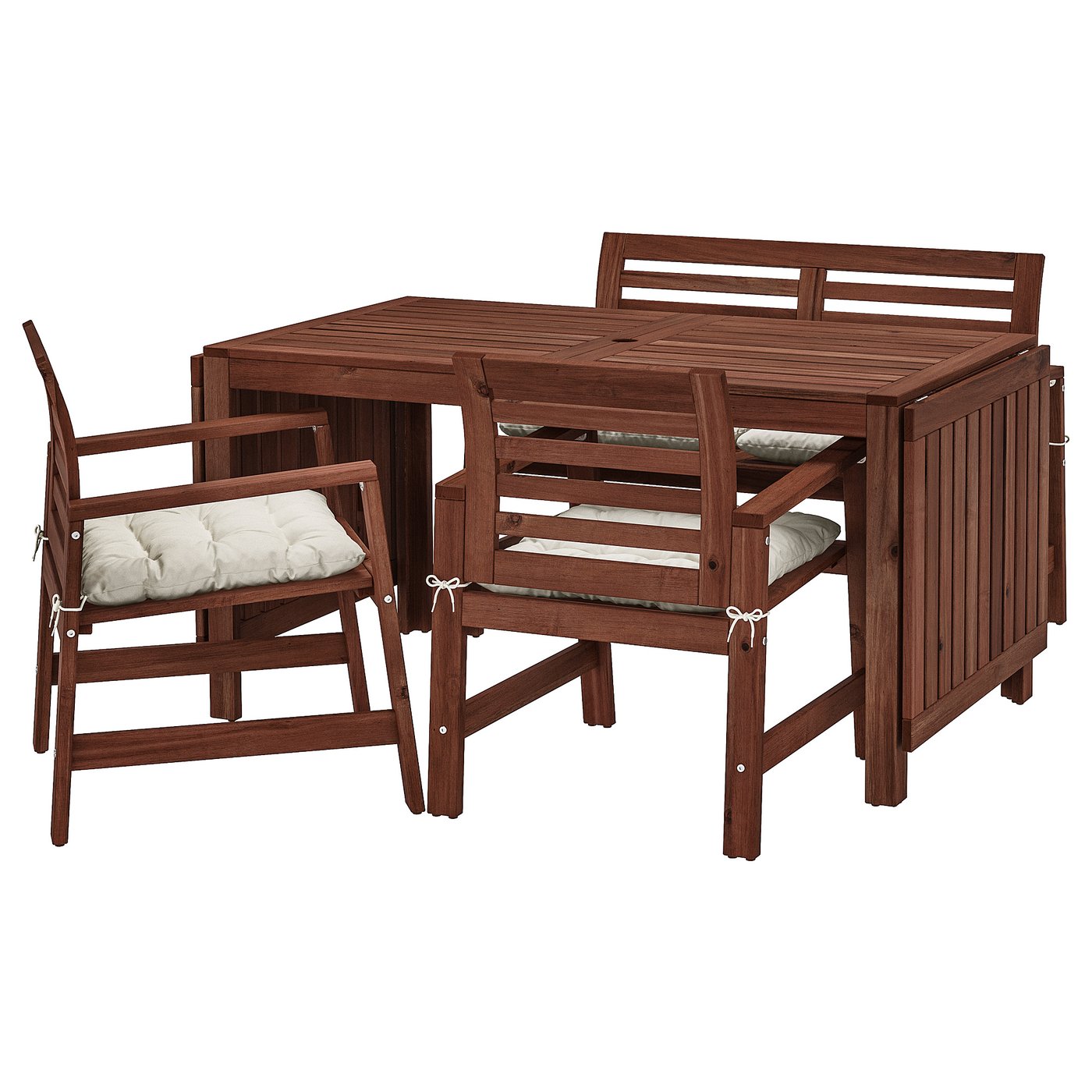 ÄPPLARÖ Table, 2 armchairs + bench, outdoor, brown stained/Kuddarna