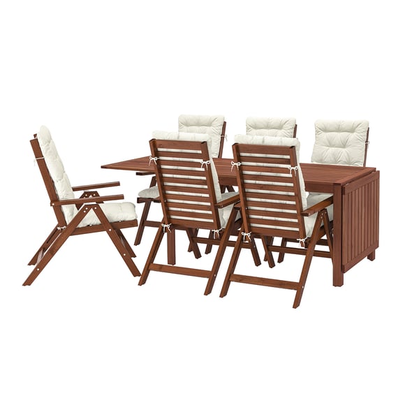 ÄPPLARÖ Table + 6 reclining chairs, outdoor, brown stained/Kuddarna