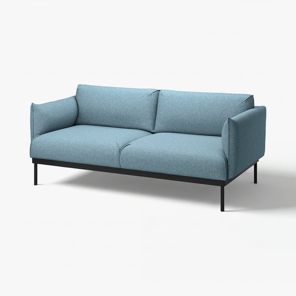 A modern blue ÄPPLARYD loveseat with a minimalist design, sleek metal legs, and comfortable cushions.