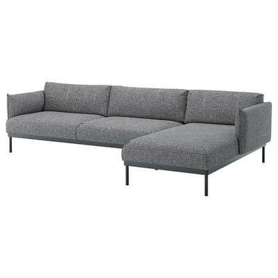 Modern grey fabric l-shaped sofa with metal legs, sleek design, 3-seater with chaise longue.