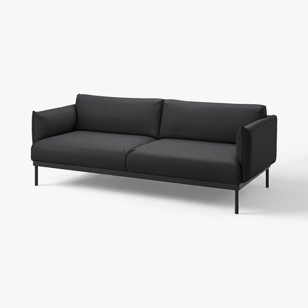 A dark grey, modern sofa with sleek metal legs and minimalist design.