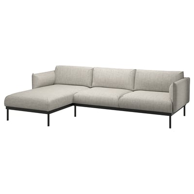 Grey l-shape sofa, metal legs, minimalist.