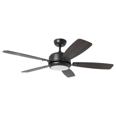 AKTERSKARP LED ceiling fan with light, dimmable/wood effect dark gray
