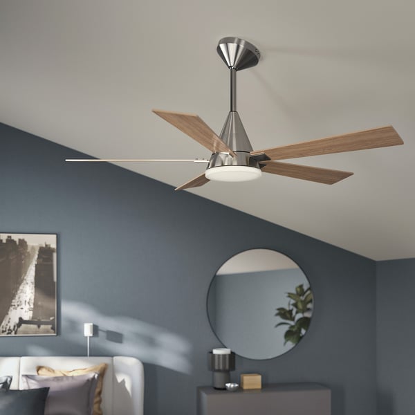 AKTERTOFTER / BRUNALGER Ceiling fan w extension downrod, wood effect silver color