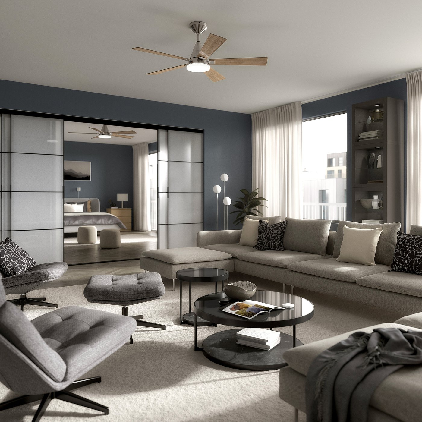 LED ceiling fan with light, dimmable/wood effect silver color 2