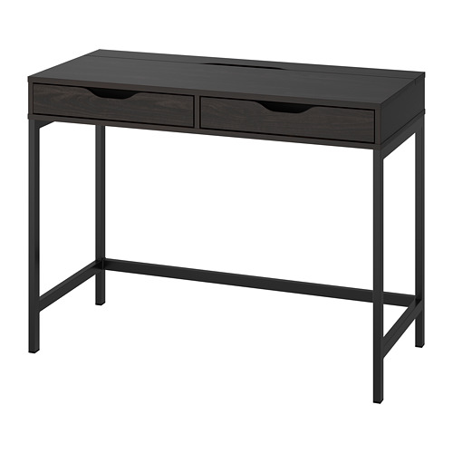 An ALEX desk in black with a minimalist design, featuring two drawers for storage and a sleek metal frame.