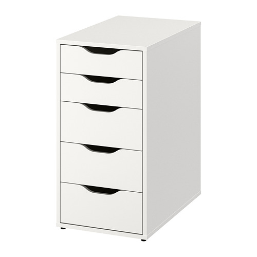 White ALEX 5-drawer chest. Minimalist design, smooth, square edges, black handles.