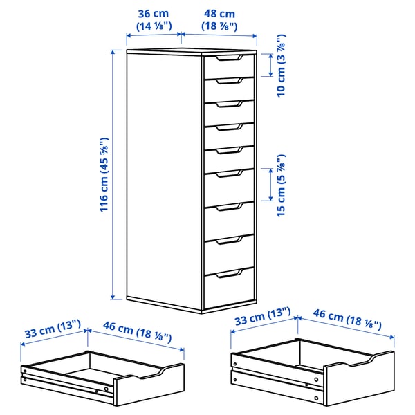 ALEX Drawer unit with 9 drawers, black-brown, 14 1/8x45 5/8 "