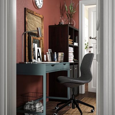 ALEX/LÅNGFJÄLL / KALLAX Desk and storage combination, and swivel chair gray-turquoise/black