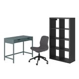 ALEX/LÅNGFJÄLL / KALLAX Desk and storage combination, and swivel chair gray-turquoise/black