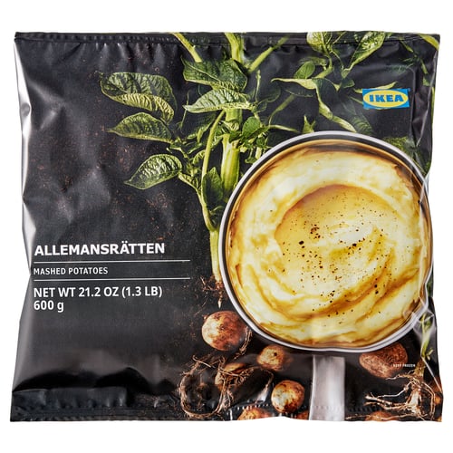 Bag of IKEA mashed potatoes, showing creamy texture and potato plant, weighing 600g.