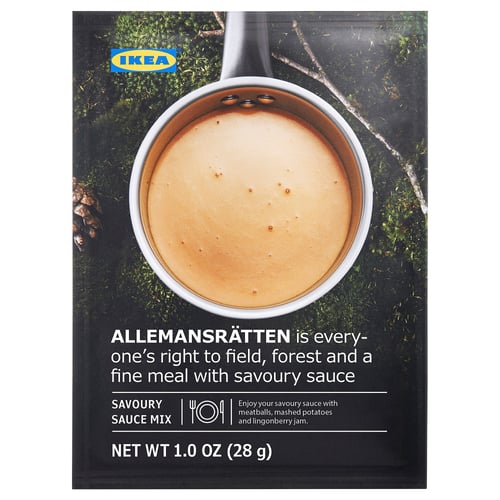 IKEA food product ALLEMANSRÄTTEN packaging, showing sauce mix container with nature background.