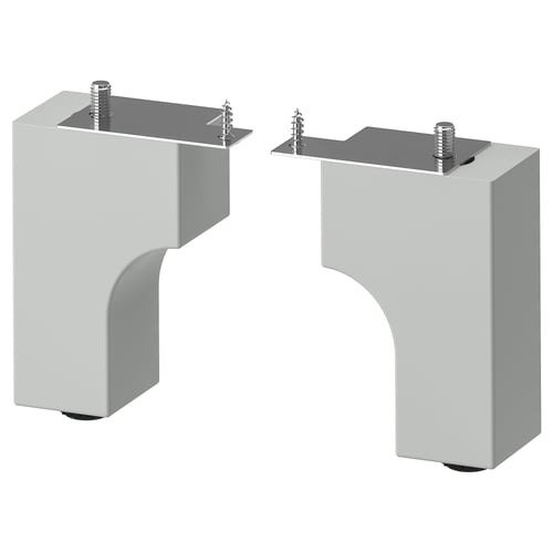Two grey beechwood ALMAÅN bathroom cabinet legs with stainless steel plates and adjustable screws.