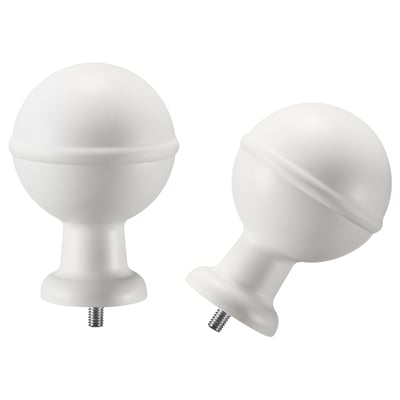 Pair of white spherical curtain rod finials, made of recycled polypropylene plastic.