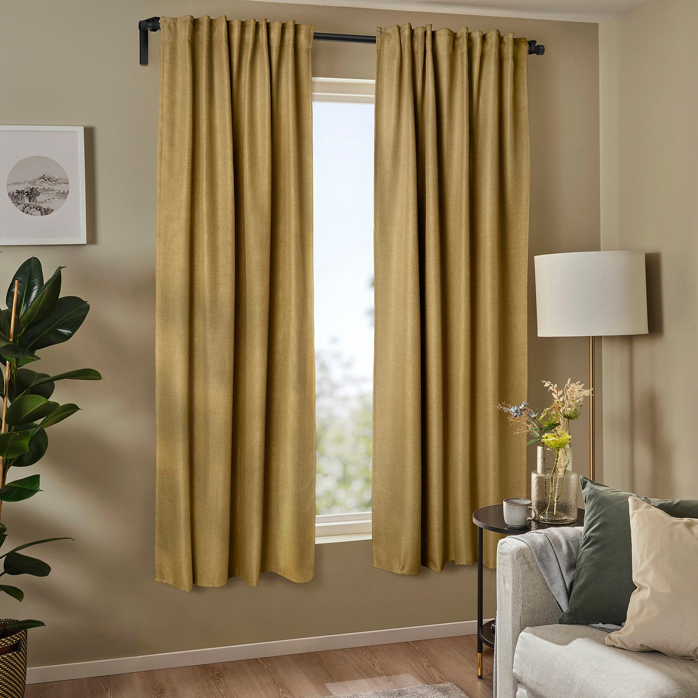 ANNAKAJSA room darkening curtains, 1 pair, yellow-brown/with