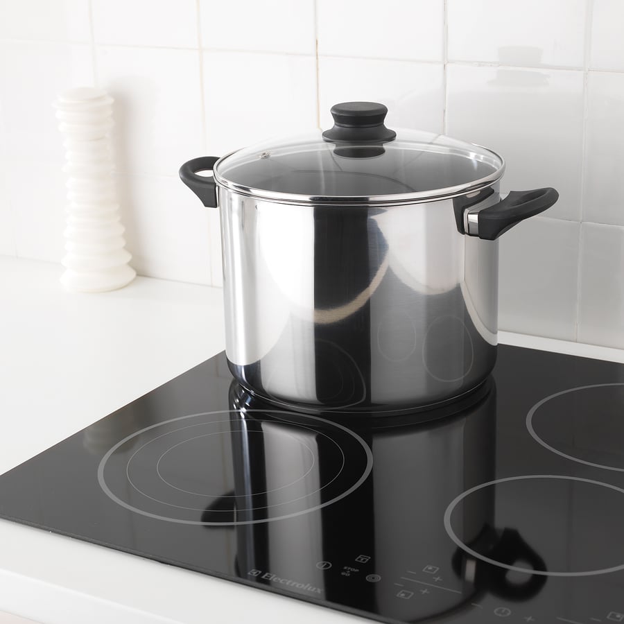 ANNONS Pot with lid, glass, stainless steel, Height 8" Diameter 10