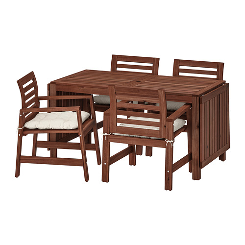 ÄPPLARÖ Table and 4 armchairs, outdoor Äpplarö brown stained/Kuddarna